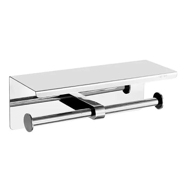 Double Toilet Paper Holder with Shelf & Phone Rack - 304 Stainless Steel Wall Mounted Bathroom Tissue Dispenser for Home/Hotel (No Drilling/Adhesive Option) (Silver) by YWHWLX - Used condition - CA$23.74