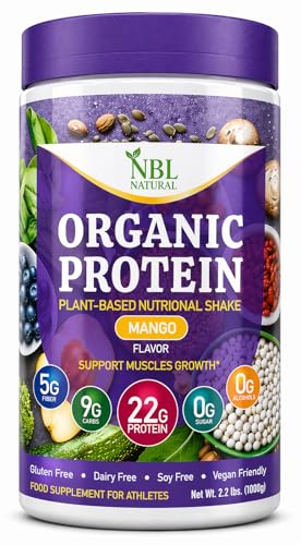 NBL NATURAL Plant Based Organic Protein Powder Vegan Protein Powder for Men & Women 22G Protein Per Serving Non-Dairy Gluten Free Lactose Free No Sugar Added Mango 2.2 lb 25 Servings
