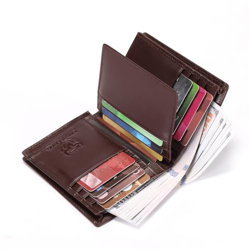 Genuine Leather Bifold Wallet RFID Blocking Wallet Large Capacity Purse Credit Card Holder for Men with 15 Card Slots (Coffee)3