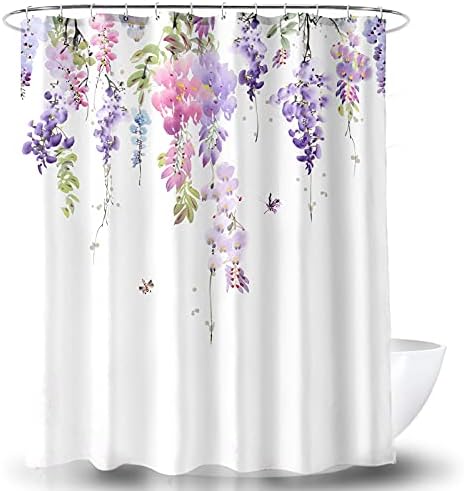 BECAN Floral Shower Curtain, Watercolor Purple Wisteria Flower Polyester Fabric Layer Thickening Shower Curtain 72X72Inches