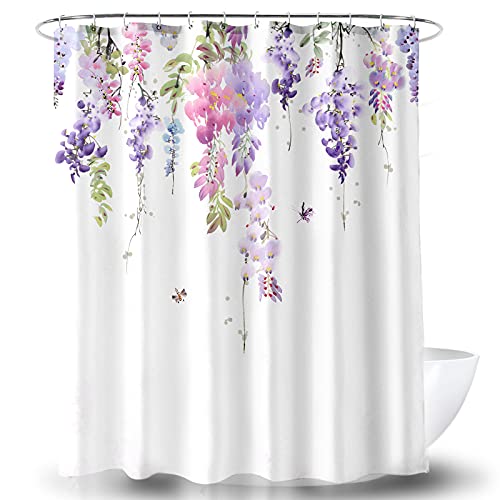 shower curtains in purple - BECAN Floral Shower Curtain, Watercolor Purple Wisteria Flower Polyester Fabric Layer Thickening Shower Curtain 72X72Inches