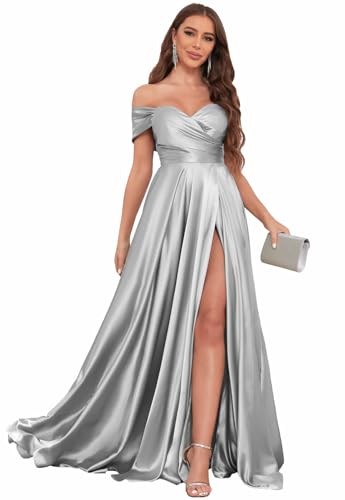 Image of SOLODISH Off The Shoulder Satin Prom Dresses for Women Long Formal Evening Party Dress with Slit