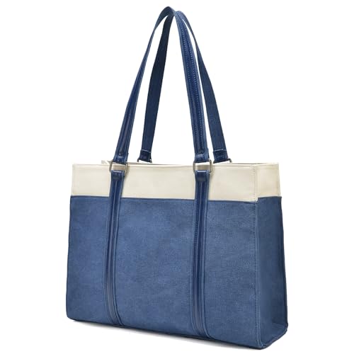 Barsine Women Laptop Tote Bag for Work Lightweight 15.6 Inch Canvas Two-Tone Satchel Handbag Purse