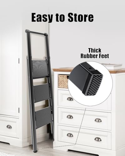 Image of SOLADDER 3 Step Ladder, Slim Folding Steps Stool with Handrail, Iron Foldable Black Ladder with Anti-Slip Wide Pedal, for Home, Kitchen, Office, Garage Use (300 lbs Capacity)