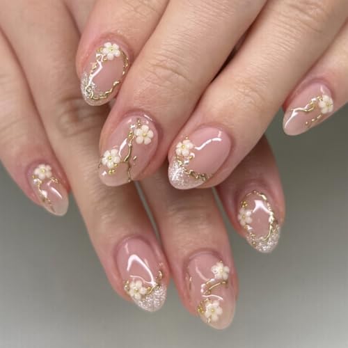 Nude Pink Flower Press on Nails Short Fakes Nails Almond Shape Fa...