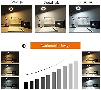 Kyrotech Klipsli LED Kitap Okuma Lambası USB Girişli Aydınlatma Esnek Kollu Metal Ders Çalışma Makyaj TikTok YouTube Canlı Yayın İçerik Üretim Işığı Göz Yormaz Modern 3 Renk Modlu Sarı Beyaz Gün Işığı