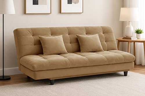 Image of Modern Foldable 3-Seater Futon Sofa Bed with Tufted Sleeper Couch Sofa with Adjustable Backrest- Living Room Furniture-Golden