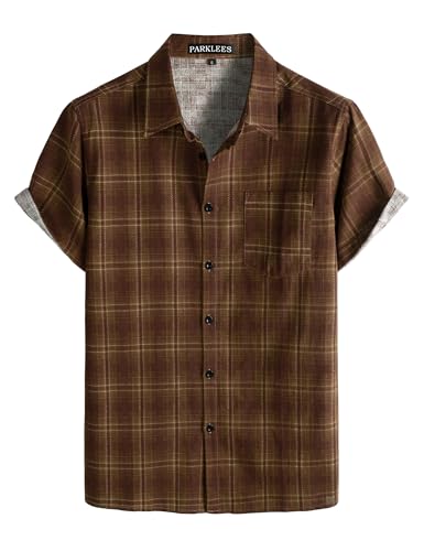 PARKLEES Mens Casual Linen Plaid Shirt Short Sleeve Button up Hawaiian Shirts Vintage 70s Hippie Tops Khaki Brown Plaid Large