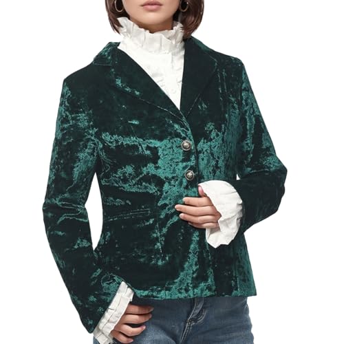 Women's Vintage Velvet Suit Jacket V-Neck Pocket Long Sleeves Dressy Coat Retro Casual Tops