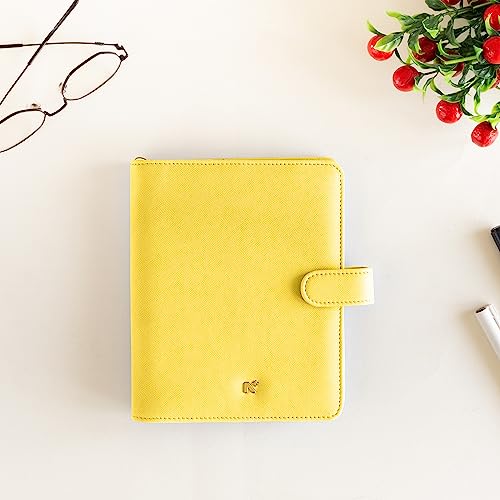 Image of NEORAH - B6 Notebook SLEEVE with SNAP Button - [ SLEEVE ONLY ]|Vegan Leather|Office Diary Holder with Penloop| 2 Front & 1 Back Pocket | 6 Card Slots |2 BookMarks - Fits any B6 Softcover - YELLOW