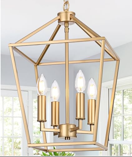 MELUCEE 4-Light Gold Farmhouse Chandelier Iron Lantern Pendant Light Rustic