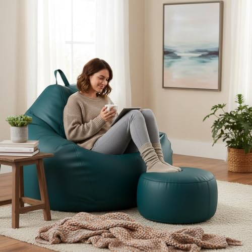 Image of KAM'S LIEU 6XL Jumbo Premium Bean Bag Chair with Footrest & Cushion | Filled with High Density EPS Beans | Comfortable Sofa for Living Room & Bedroom | 6 Months Warranty, Color- (Teal, 6XL, Premium)
