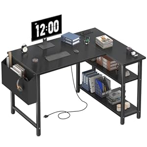 DLisiting Black L Shaped Gaming Computer Desk with Power Outlet Shelves, 40 Inch Small Corner Desk for Small Space Home Office, Study Work PC Desks for Bedroom, Black