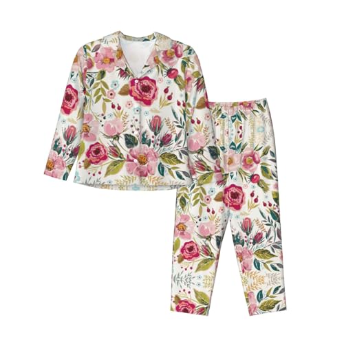Pyjama à imprimé floral et feuille pour femme avec poches