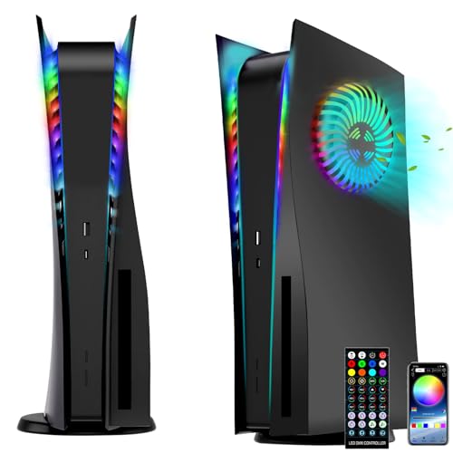 for PS5 Faceplates with Cooling Vents LED Lights, Megadream Cooling Cover Replacement Plates Shell Accessories Anti-Scratch Dustproof with RGB Lights Package for PlayStation 5 Disc Edition (Black)