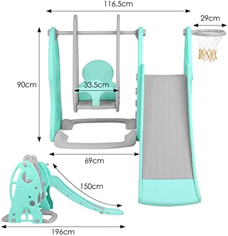 3-in-1 Kids Swing and Slide Set, Toddler Climber and Swing Set with Stable Basketball Hoop, Garden Long Slide, Easy Climb Stairs for Indoors or Outdoor(Green+Grey)