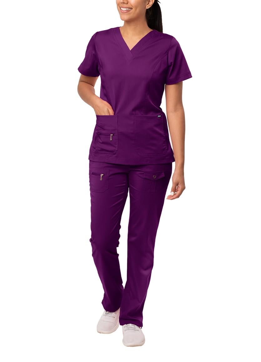 Adar Uniforms Uniforme Medico Donna - Top con Scollo a V/Pantaloni Multi-Tasca - 4400 - Eggplant - S