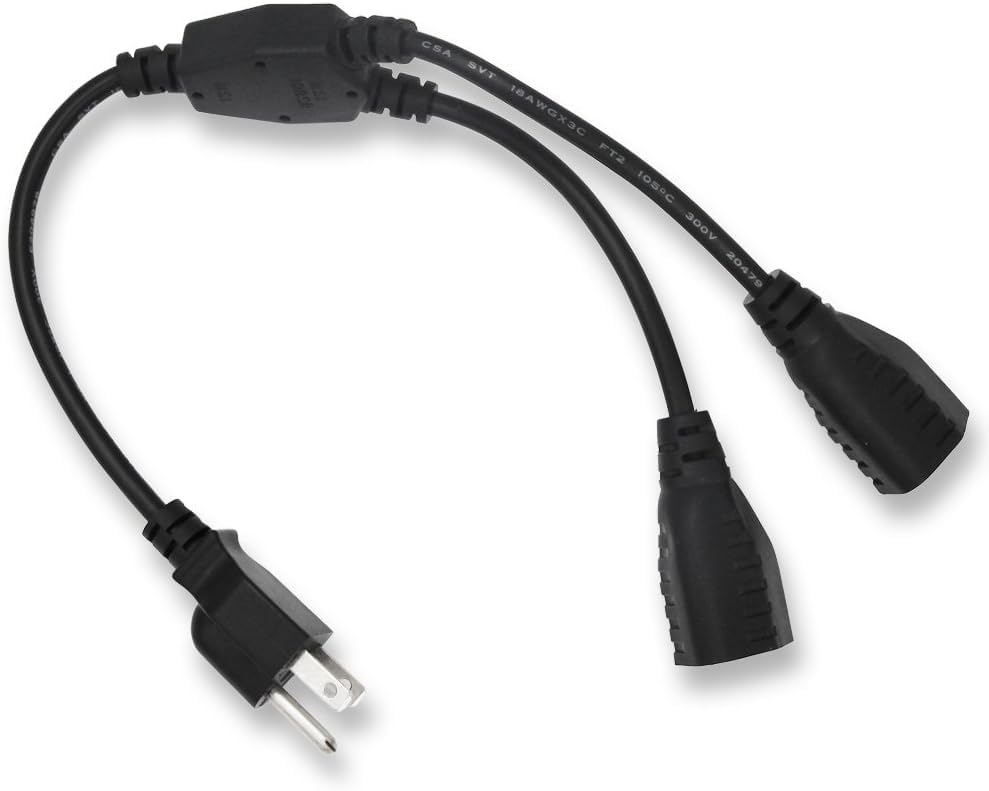 3-Prong Y Splitter Power Extension Cord, 1.6FT 16AWG 10A/1250W, NEMA 5-15P to 2X NEMA 5-15R Y Style 3-Outlet Extension Cord for Home, Room, Office