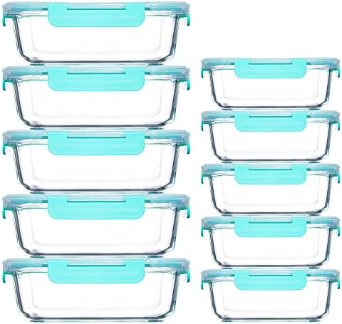 10 Pack Glass Food Storage Containers with Airtight Lids, Leak-Proof Meal Prep Containers with Lids, Dishwasher/Microwave/Oven/Freezer Safe (Mint Green)