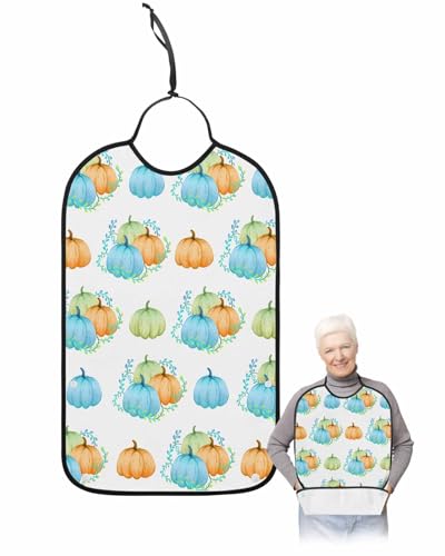 LEOKOTI Fall Pumpkins Adult Bibs for Eating, Waterproof Bibs with Food Catcher & Adjustable Snap Closure, Thanksgiving Blue Green Orange Pumpkins Washable Clothing Protectors Adult Bibs for Elderly