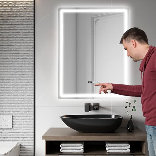 BAOCHADA Espejo de baño con iluminación 70x90cm, espejo LED con 3 colores de luz regulable, antiempañamiento, espejo de pared LED para baño horizontal/vertical para baños, lavabos (70x90cm) - imagen 2
