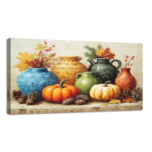 Large Canvas Wall Art Fall Pumpkin Autumn Vintage Jars Pumpkins