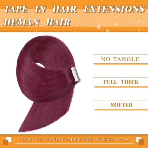 Image of 20 Inch Human Hair Extensions Tape in, 20Pcs Burgundy Real Straight Tape ins for Women Straight Invisible Seamless Skin Remy Tape in Hair Extensions Human Hair(99J#, 20 Inch)