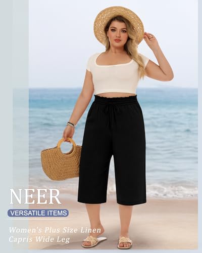 Neer 2 Pack Women's Plus Size Linen Capris Wide Leg High Waisted Drawstring Cropped Pants Beach Pants with Pockets4