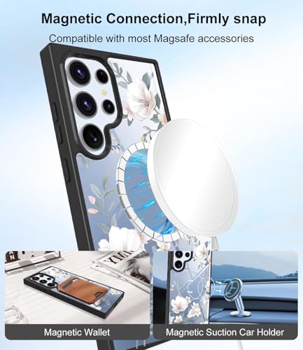 Image of VONZEE Compatible with Samsung Galaxy S25 Ultra 5G Case Luxury Retro Flowers Floral Clear for Magnetic Wireless Charging Case Shockproof Case PC+TPU Cute Glossy Shiny Cover for Girls Women, Black