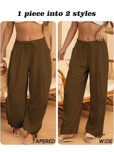 Image of Women's Linen Balloon Barrel Beach Pants Boho Harem Flowy Drawstring Casual Loose Pants with Pockets