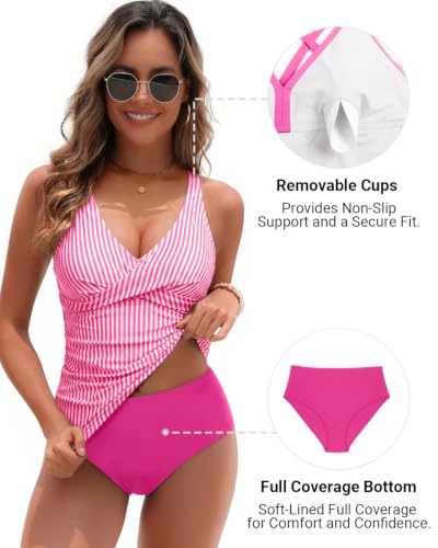 Image of Yonique Plus Size Tankini Swimsuits for Women Blouson Tankini Tops with Swim Shorts Two Piece Bathing Suits