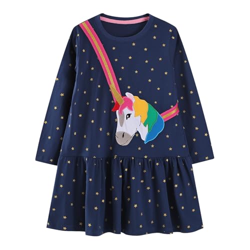Baogaier Vestido para Niña Infantil Algodón Confort Elegante Unicornio Animal Estampado Mangas Larga T-Shirt Vestidos Casual Ropa Cumpleaños Niños 4-5 años, Azul Marino