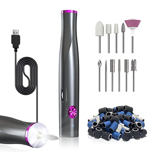 Nail Drills for Acrylic Nails Professional - ZoCCee Electric Nail File with LED Light- USB Portable Acrylic Nail Kit for Gel Nails, Manicure Pedicure with 11 Nail Drill Bits & 36 Sanding Bands(Gray)