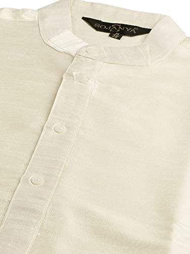 Image of SOJANYA (Since 1958 Men's Silk Blend Off White Kurta Pyjama & Maroon Self Design Nehru Jacket Combo