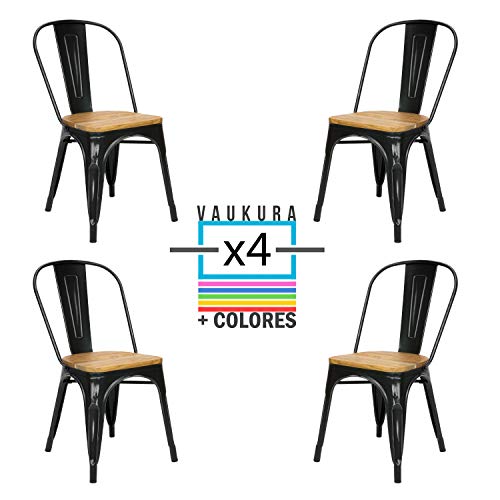 Vaukura Silla Tolix(Pack 4) - Silla Industrial Metálica Asiento Madera Acabado Vintage (Negro)