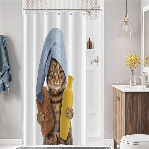 Hnmdmyi Duschvorhang Lustig Katze 90x180, Niedliches Braunes Kätzchen mit Badeschwamm Shampoo & Blauem Handtuch Badewanne Vorhang Kinder Cartoon Wasserdicht Polyester Stoff Waschbar Badevorhang