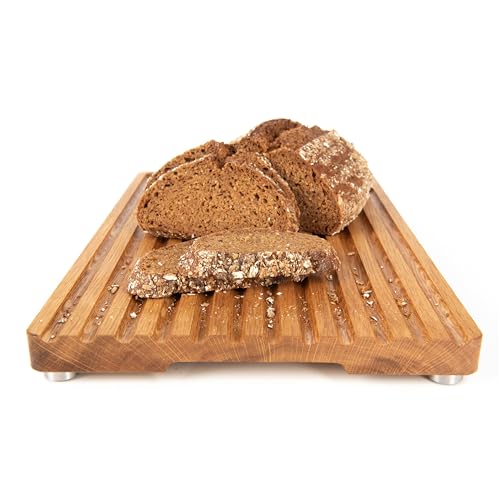 MADE IN GERMANY - KHYL® Brotschneidebrett Eiche - 34x24x2,2 - Edelstahl Standfüße - Schneidebrett Holz - Massiv - Krümelfang