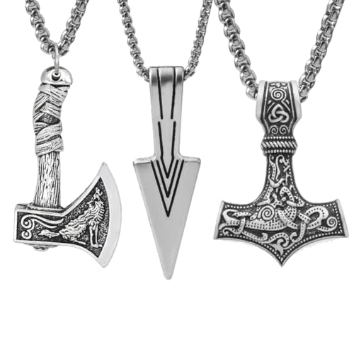 Viking Necklace Set for Men 3-Piece Norse Jewelry Thors Hammer Mjolnir Viking Axe & Spearhead Pendants with Chains Vintage Viking Gift Pouch Included