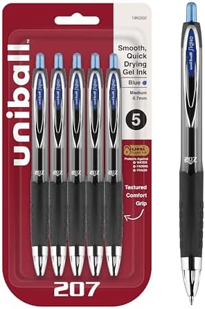 Uniball Signo 207 Blue Retractable Gel Pens 5 Pack with Medium 0....