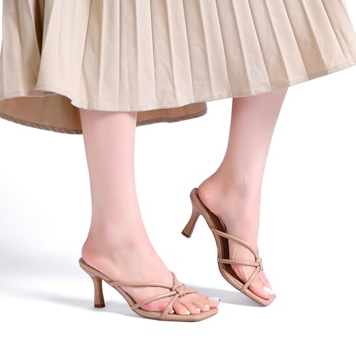 Image of Goderci Kitten Strappy Heels for Women Knotted Square Open Toe Slip On Mule Heels Mid Heeled Sandals