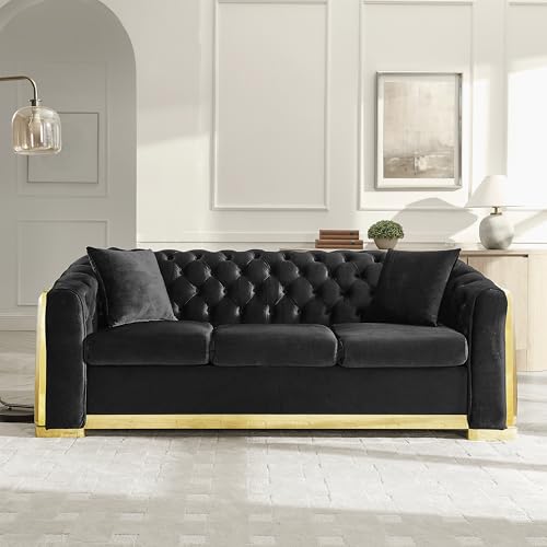 Image of KEIKI 84 inch Luxury Oversized Velvet Chesterfield Sofa with 2 Pillow & Gold Stainless Decoration, Italian Modern Style 3-Seater Button Tufted Couch with Rolled Arms, Easy Assembly, for Living Room, Black