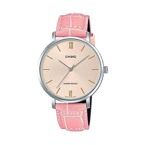 Casio LTP-VT01L-4B Women's Minimalistic Peach Dial Pink Leather Band Analog Watch