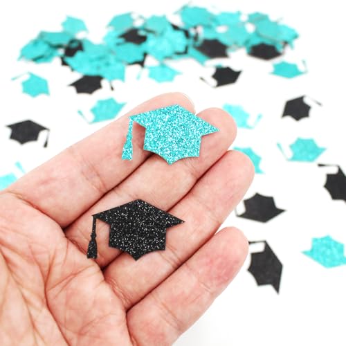 Image of 200PC Black Teal Grad Cap Graduation Confetti for Table Glitter Graduation Hat Table Scatter for Class of 2026 Grad Party Decorations