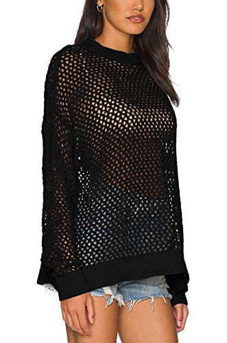 Ebifin Womens Crochet Tops Long Sleeve Beach Summer Sweater Crew Neck Mesh Cover Ups Bikini Swimsuit Tunic Pullover Tops2