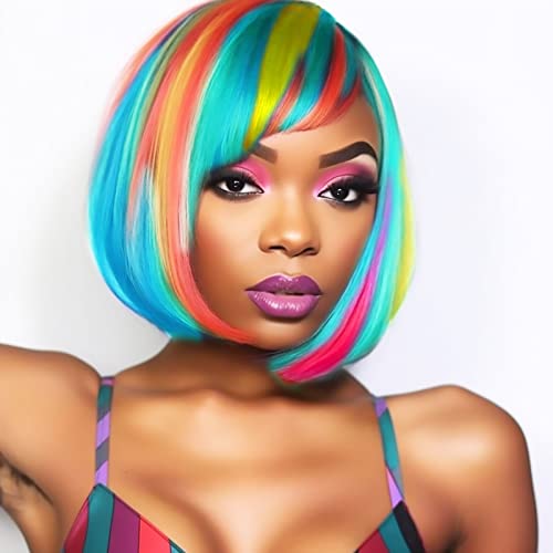 Image of LIULIUBTY Short Bob Hair Wigs Straight with Flat Bangs Synthetic Colorful Cosplay Daily Party Neon Wig for Women + Free Wig Cap 12 inch Natural As Real (Mixed color)