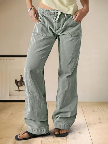 Flamingals Straight Leg Pants for Women Mid Rise Casual Drawstring Solid Patch Pocket Bootcut Pants2