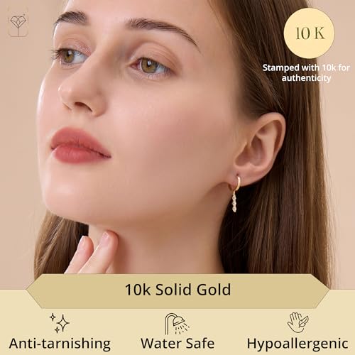 10K Yellow Gold Huggie Earrings with CZ Dangles | Cubic Zirconia Real Gold Huggie Hoop Earrings | Hypoallergenic Anti-Tarnishing Solid Gold Earrings 12mm by MAX + STONE2