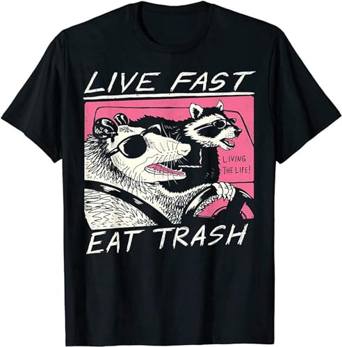 Live Fast Eat Trash and Get Hit by A Car Sunset Raccoon Men's T-Shirt Unisex Tee Black L