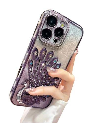 Image of mobistyle Case for iPhone 15 Pro,3D Diamond Luxury Electroplate Glitter Peacock Tail Bling Design Camera Protection Shockproof Phone Case for (Purple, iPhone 15 Pro)