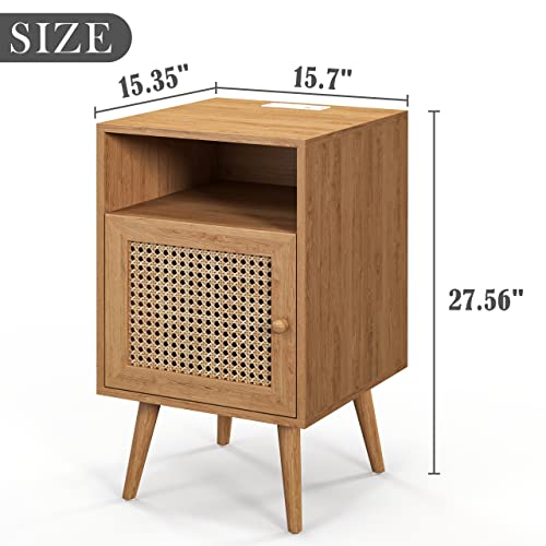Betterhood Rattan Nightstand With Charging Station, Boho Side Table With Handmade Rattan Decorated Drawer, Mid-Century Modern Nightstand With Open Storage Shelf For Bedroom, Living Room, Natural #TOP2